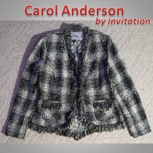 Carol Anderson by Invitation Black White Plaid Tweed Fringe Blazer Jacket Size 8